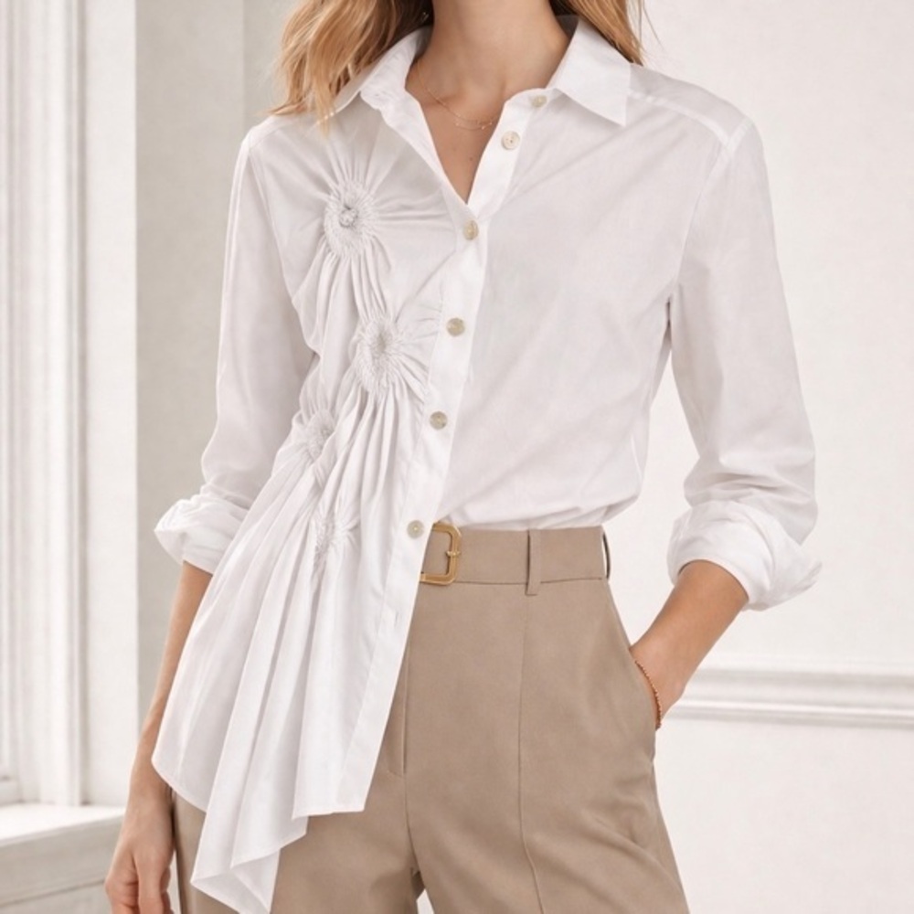 BZE stretch cotton asymmetrical pinched detail button blouse